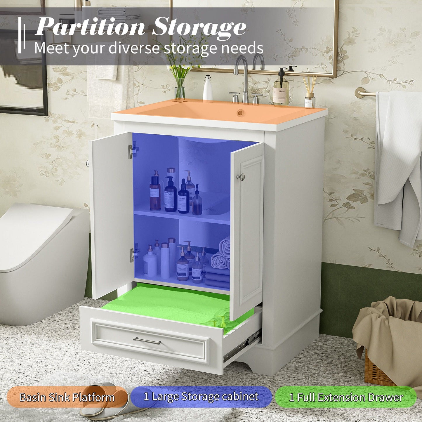Bathroom Vanity With Ceramic Sink Combo, Modern Freestanding Storage Cabinet With Silver Handles