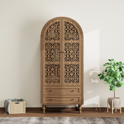 Tall Kitchen Pantry Cabinet With Hollow Carved Doors 2 Drawers And Adjustable Shelves Storage Display Cabinet For Kitchen Dining Room Or Living Room - Walnut