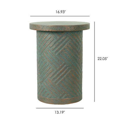Round Outdoor End Table With Tree Stump Design For Patio - Golden / Green / Peacock