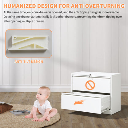 Lateral File Cabinet 2 Drawer, Locking File Cabinet With Anti Tip Interlock, Heavy Duty Storage For Letter / Legal / A4 Files - White