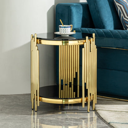 Elegant Round Table With Double Layer Tempered Glass Top And Stainless Steel Frame For Living Room