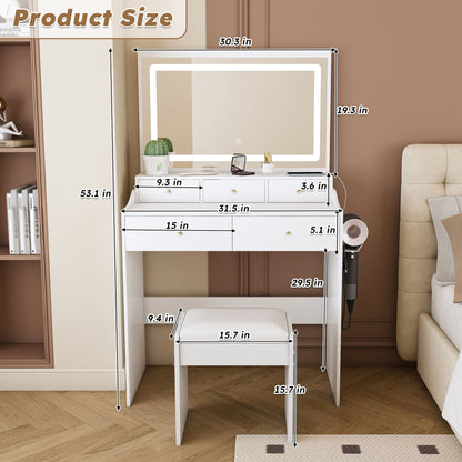 Modern Makeup Vanity Set With Power Outlet, Hair Dryer Holder, And Adjustable Lighting