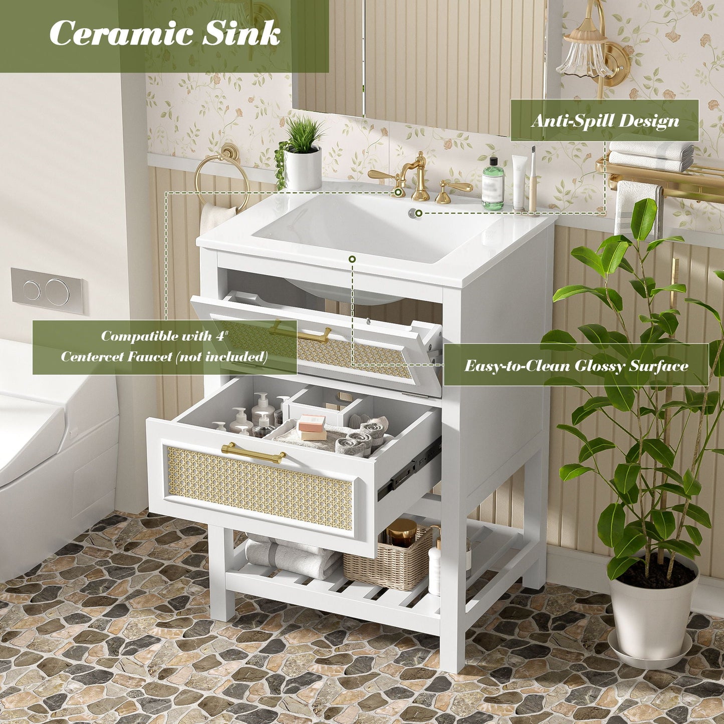 Modern Bathroom Vanity With Integrated Sink, Cabinet With 1 Deep Drawer And 1 Tip-Out Drawer