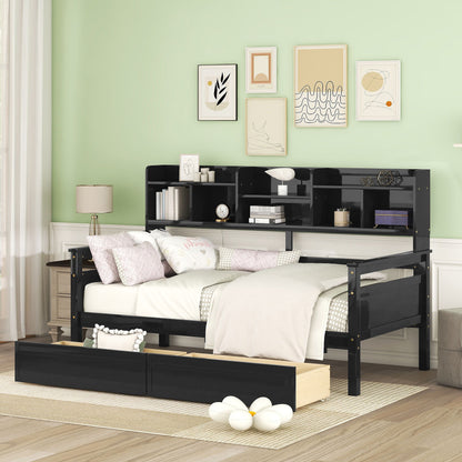 Daybed, Slat Support, With Bedside Shelves And 2 Drawers