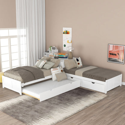 L Shaped Platform Bed With Trundle And Drawers Linked With Built In Desk