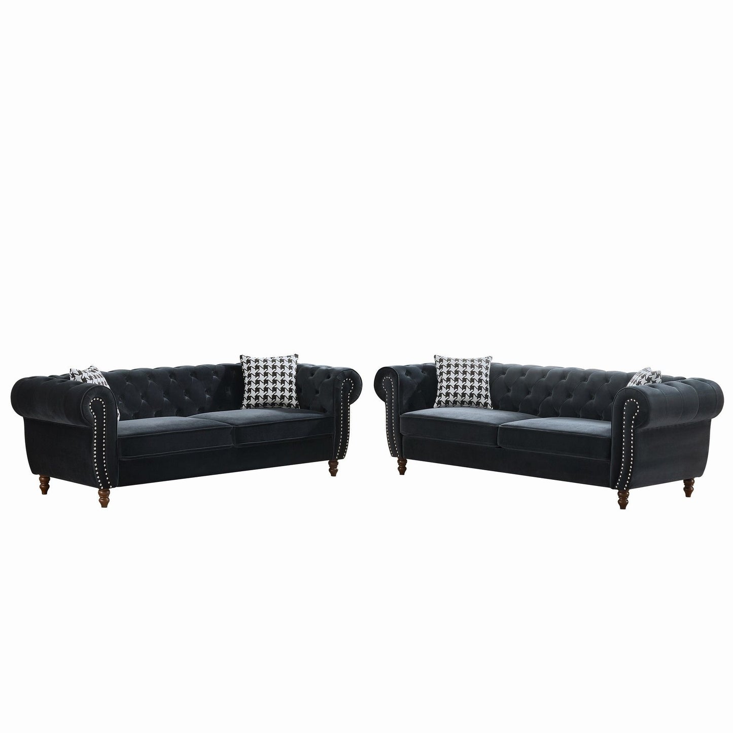 Chesterfield Upholstery Fabric Sofa With Roll Armrest & Nailhead, Mid Century Modern 3 And 3 Seater Couch