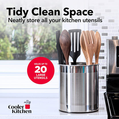 Extra Large Rotating Utensil Holder Caddy with Sturdy No-Tip Weighted Base, Removable Divider, and Gripped Insert: Metal | Rust Proof