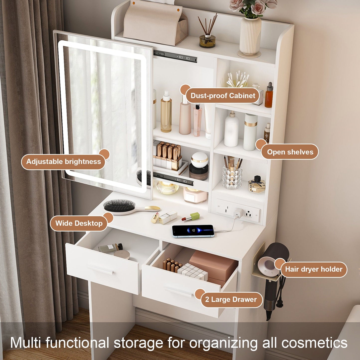 Space Saving Makeup Vanity Desk With Mirror & Adjustable Led Lights, Built-In Power Outlet, Hidden Storage, Includes Stool & Shelf - White