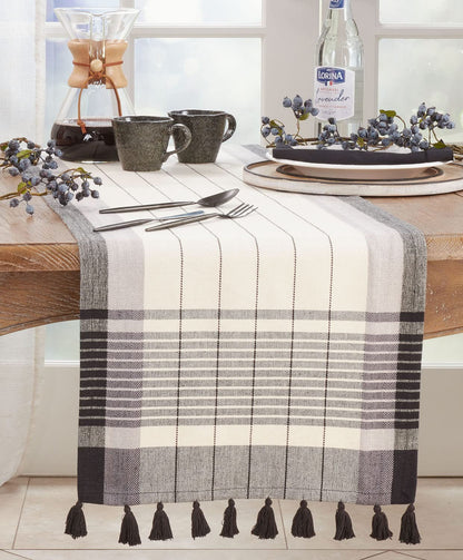 Fennco Styles Striped Tassel Cotton Table Runner 16" W x 72" L - Black & White Woven Table Cover for Home, Dining Room, Banquets, Family Gatherings , Holidays and Special Occasion