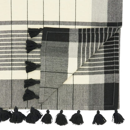 Fennco Styles Striped Tassel Cotton Table Runner 16" W x 72" L - Black & White Woven Table Cover for Home, Dining Room, Banquets, Family Gatherings , Holidays and Special Occasion