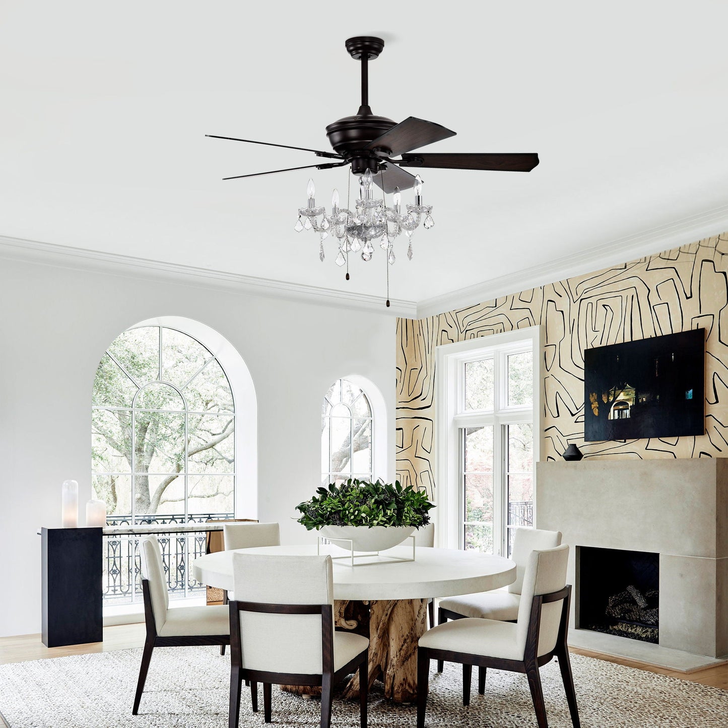 52" Crystal Shade Ceiling Fan Lamp, 3 Speed, 4 Timing, 5 Reversible Blades Crystal Ceiling Fan, 5 Pieces X E12 (No Include Bulb), Hand Pull Chain - Matte Black