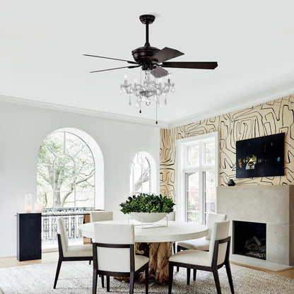 52" Crystal Shade Ceiling Fan Lamp, 3 Speed, 4 Timing, 5 Reversible Blades Crystal Ceiling Fan, 5 Pieces X E12 (No Include Bulb), Hand Pull Chain - Matte Black