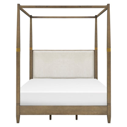 Queen Canopy Bed Frame With Upholstered Headboard - Brown