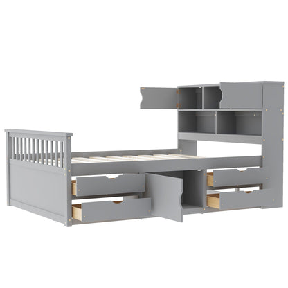 Captain Platform Bed Frame With Bookcase Headboard, 4 Drawers, Storage Shelves