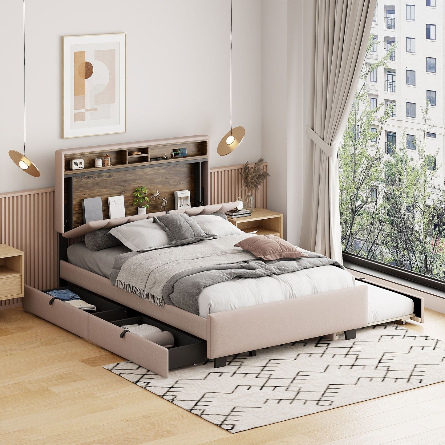 Upholstered Platform Bed With Storage Headboard, Trundle & 2 Drawers And A Set Of Sockets & USB Ports