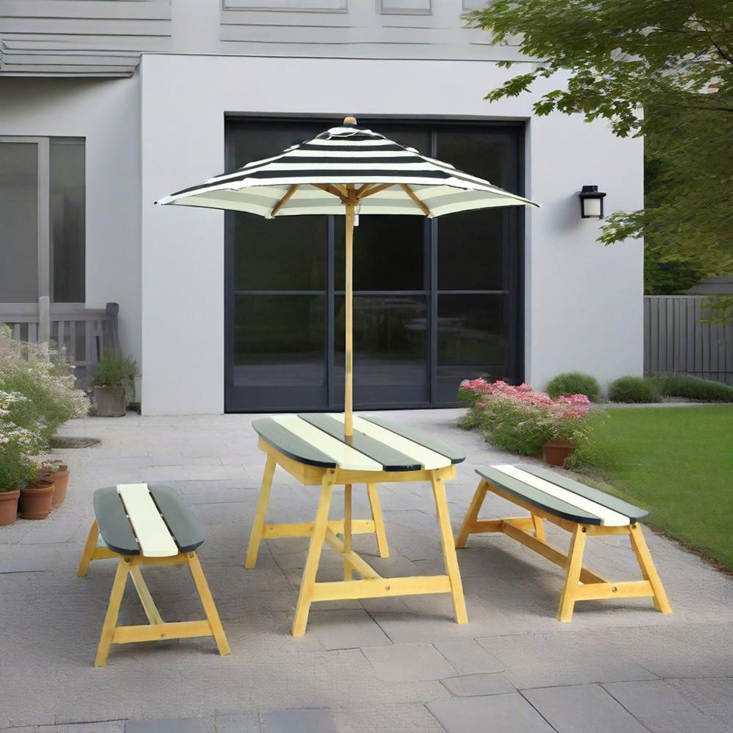 Naturally Playful Kids Picnic Table With Umbrella, Indoor / Outdoor Fun - Blue / White Stripes