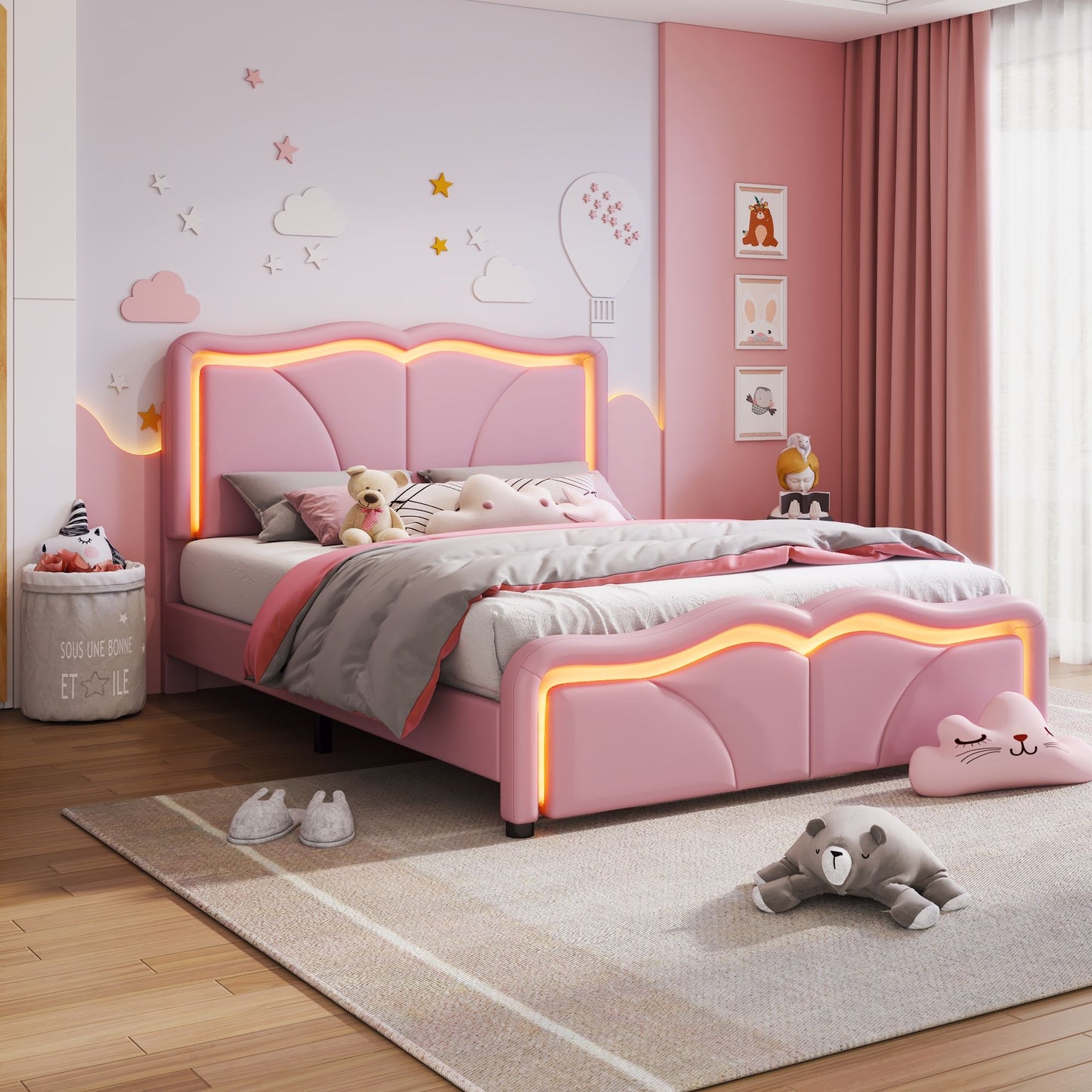 Upholstered Platform Bed & Curve Shaped And Height Adjustable Headboard, LED Light Strips