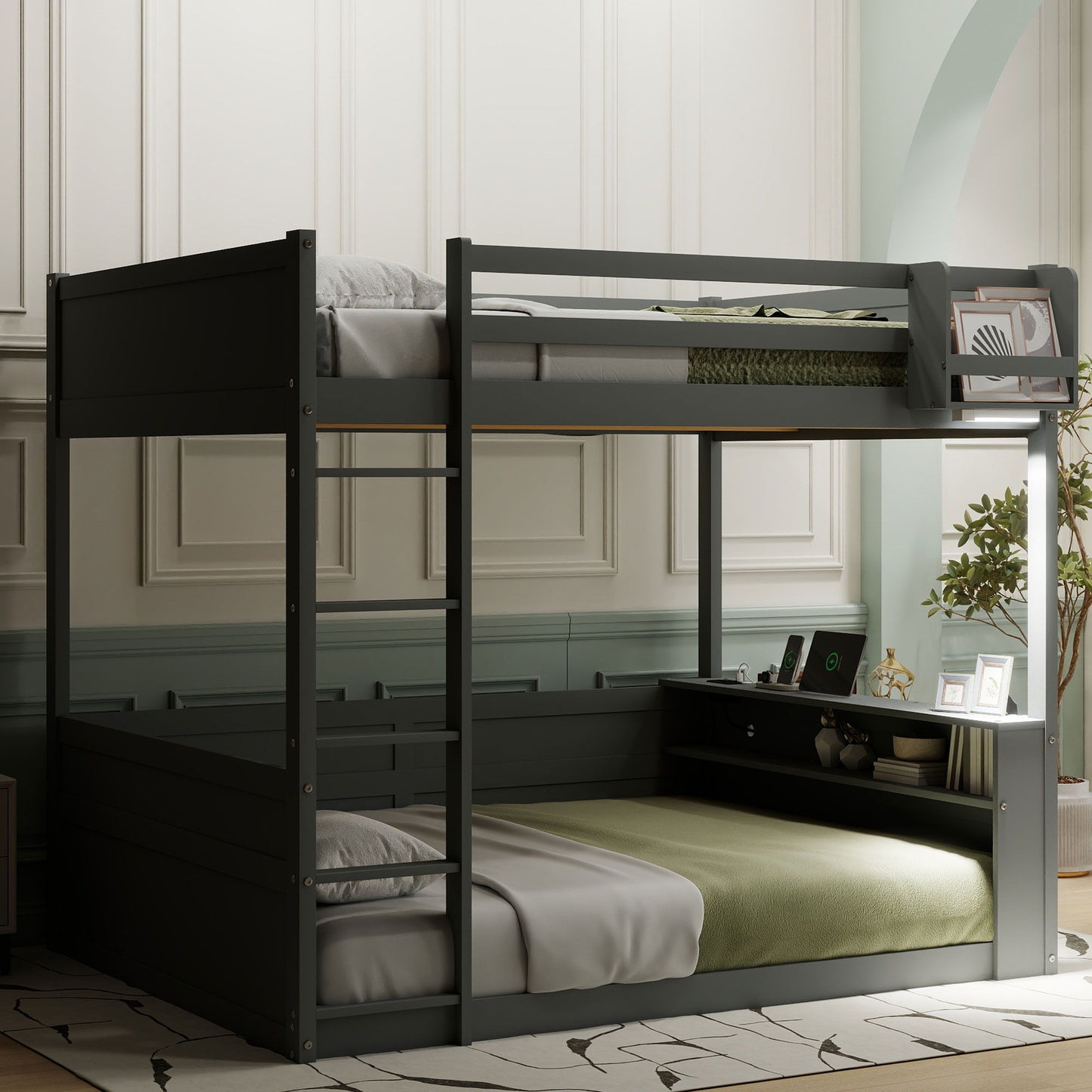 Bunk Bed With Built In Shelves, Storage Box, LED Light And USB Charging Station