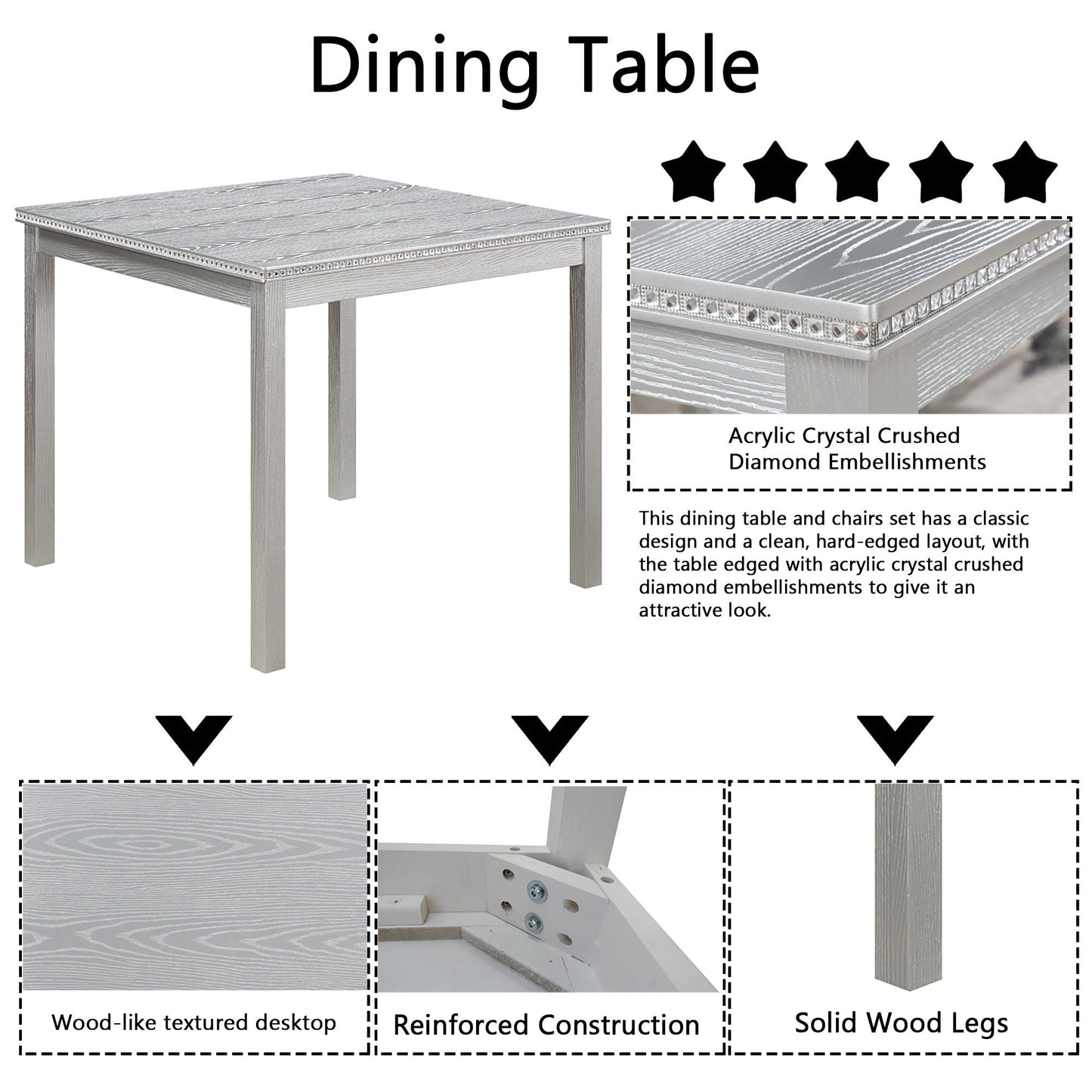 Dining Table Set With Crystal Decoration And Upholstered Chairs