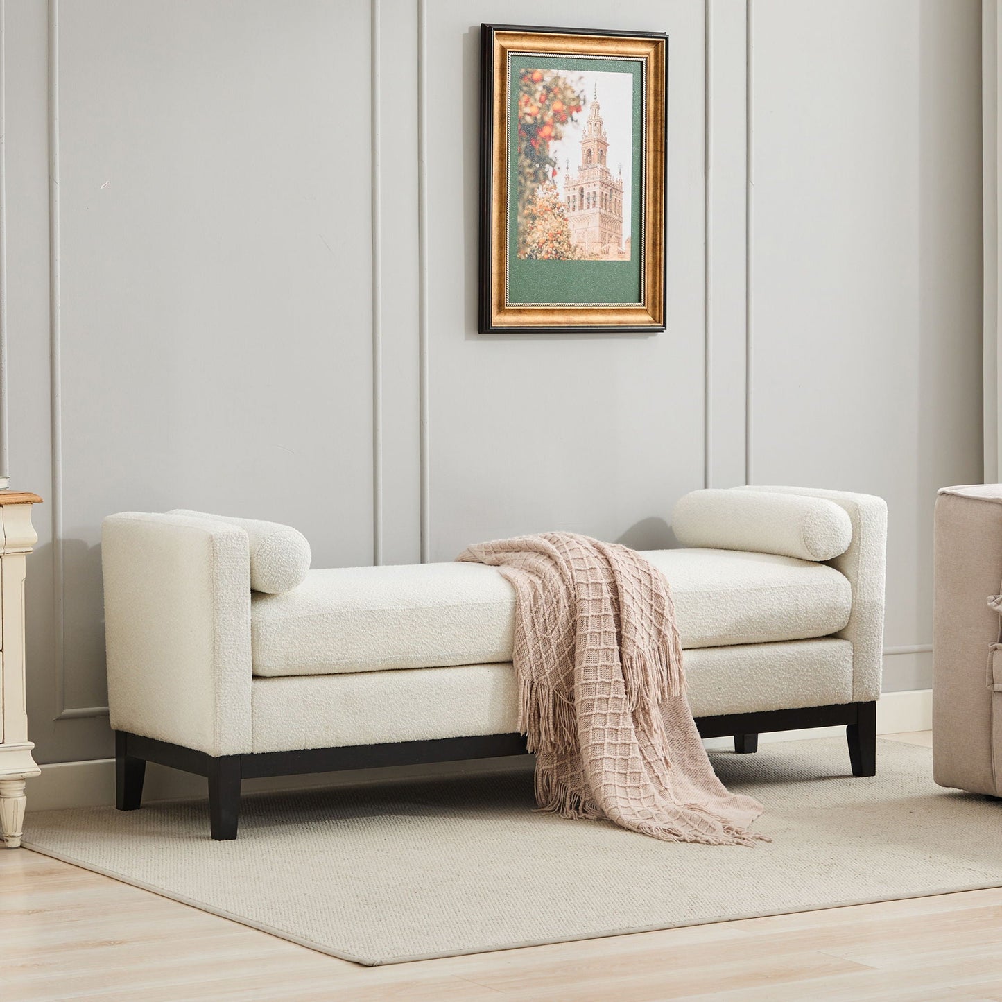 Elegant Upholstered Bench, Daybed, Ottoman With Wood Legs & Bolster Pillows - Ivory Boucle