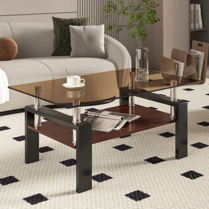 Modern Rectangular Coffee Table With Tempered Glass Top