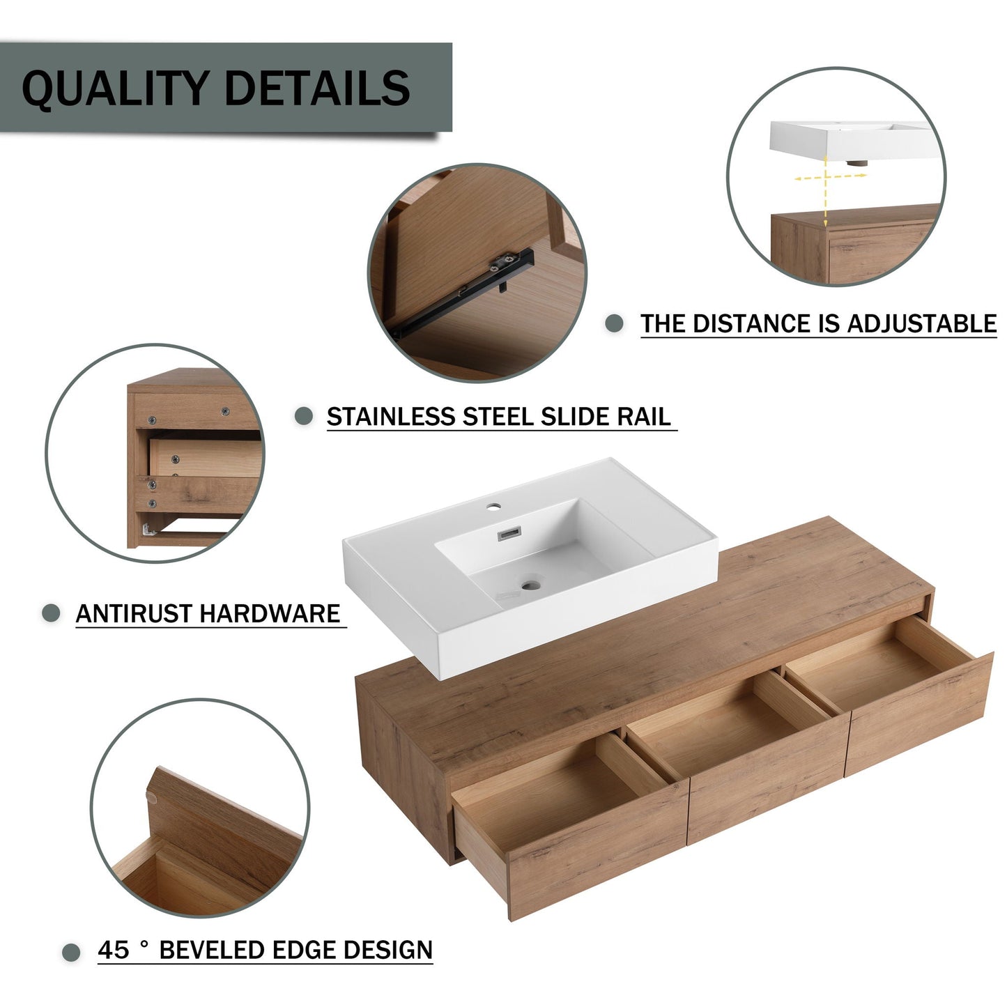 Modern Wall Mounted Bathroom Vanity With Resin Sink And Soft Close Drawer
