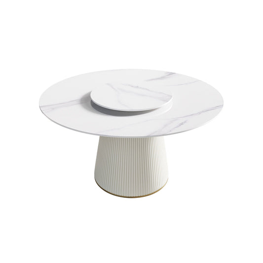 Modern Artificial Stone Round Plywood Base Dining Table, Can Accommodate 6 People, Artificial Stone Turntable (Not Including Chairs) - White / Beige