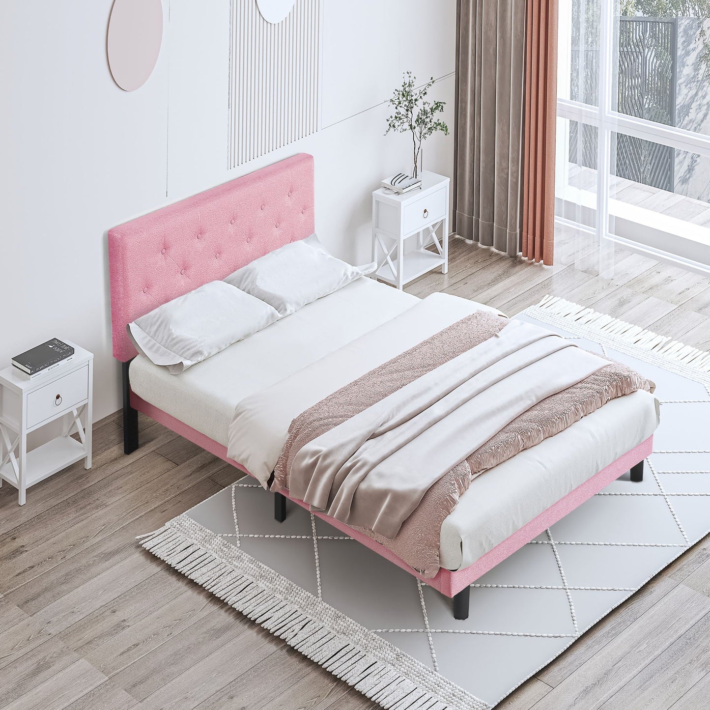 Modern Upholstered Platform Bed Frame With Button Tufted Fabric Headboard