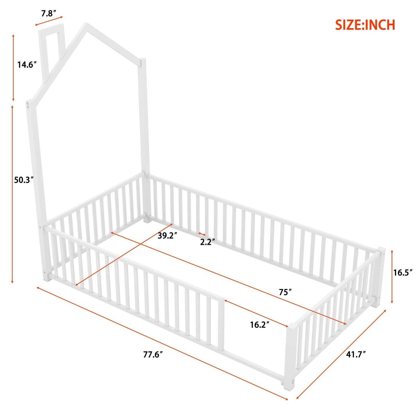 Metal House Platform Bed With Guardrail And Chimney