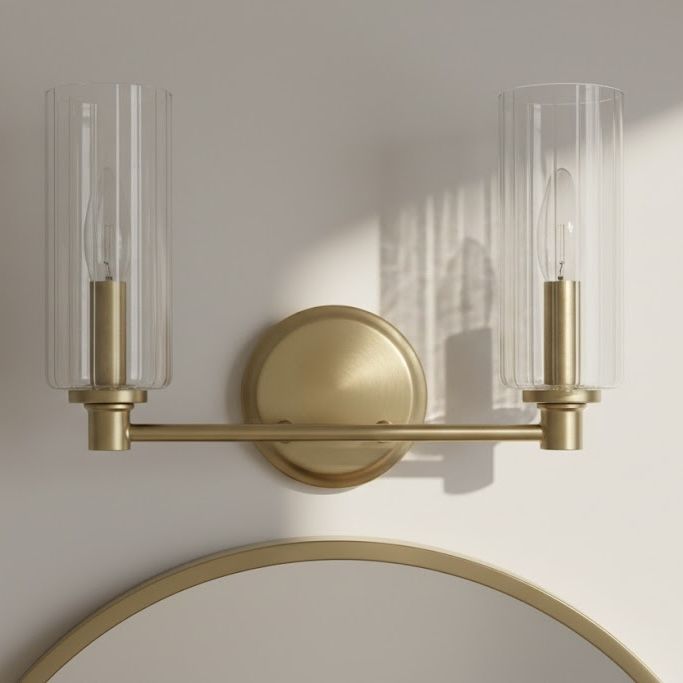 Regal - Double Light Vanity With Clear Ribbed Satin - Antique Brass / Clear