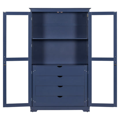 Kitchen Pantry, Freestanding Kitchen Storage Cabinet Display Cabinet With Glass Doors And 4 Built In Drawers For Living Room, Home Office - Blue