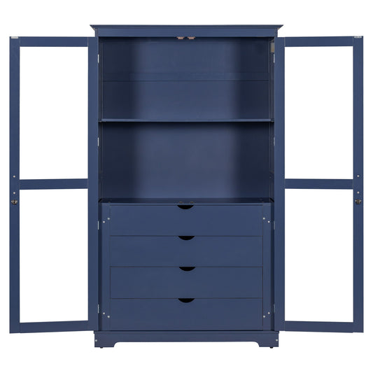 Kitchen Pantry, Freestanding Kitchen Storage Cabinet Display Cabinet With Glass Doors And 4 Built In Drawers For Living Room, Home Office - Blue