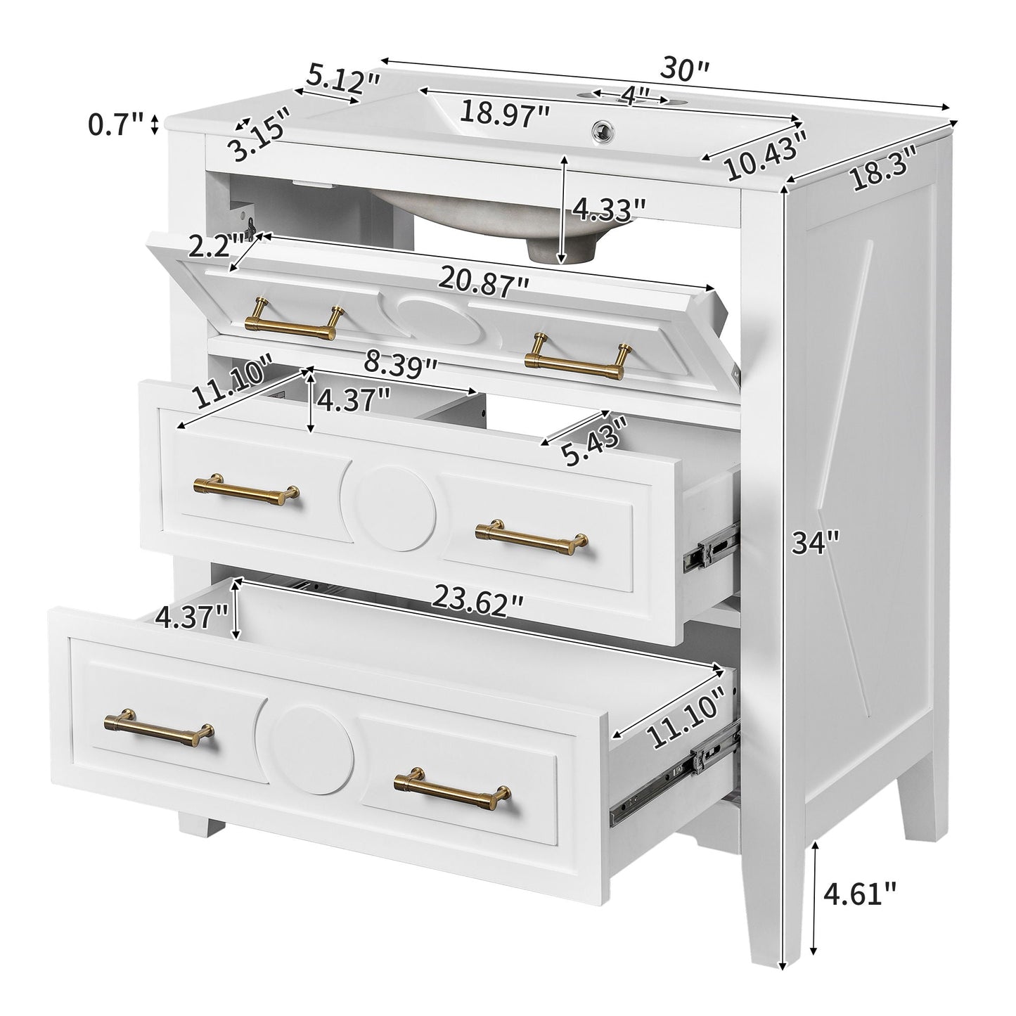 Retro Bathroom Vanity With Sink Combo, Free Standing Single Set With 3 Drawers