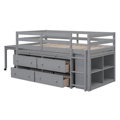 Loft Bed With Retractable Writing Desk And 4 Drawers, With Lateral Portable Desk And Shelves
