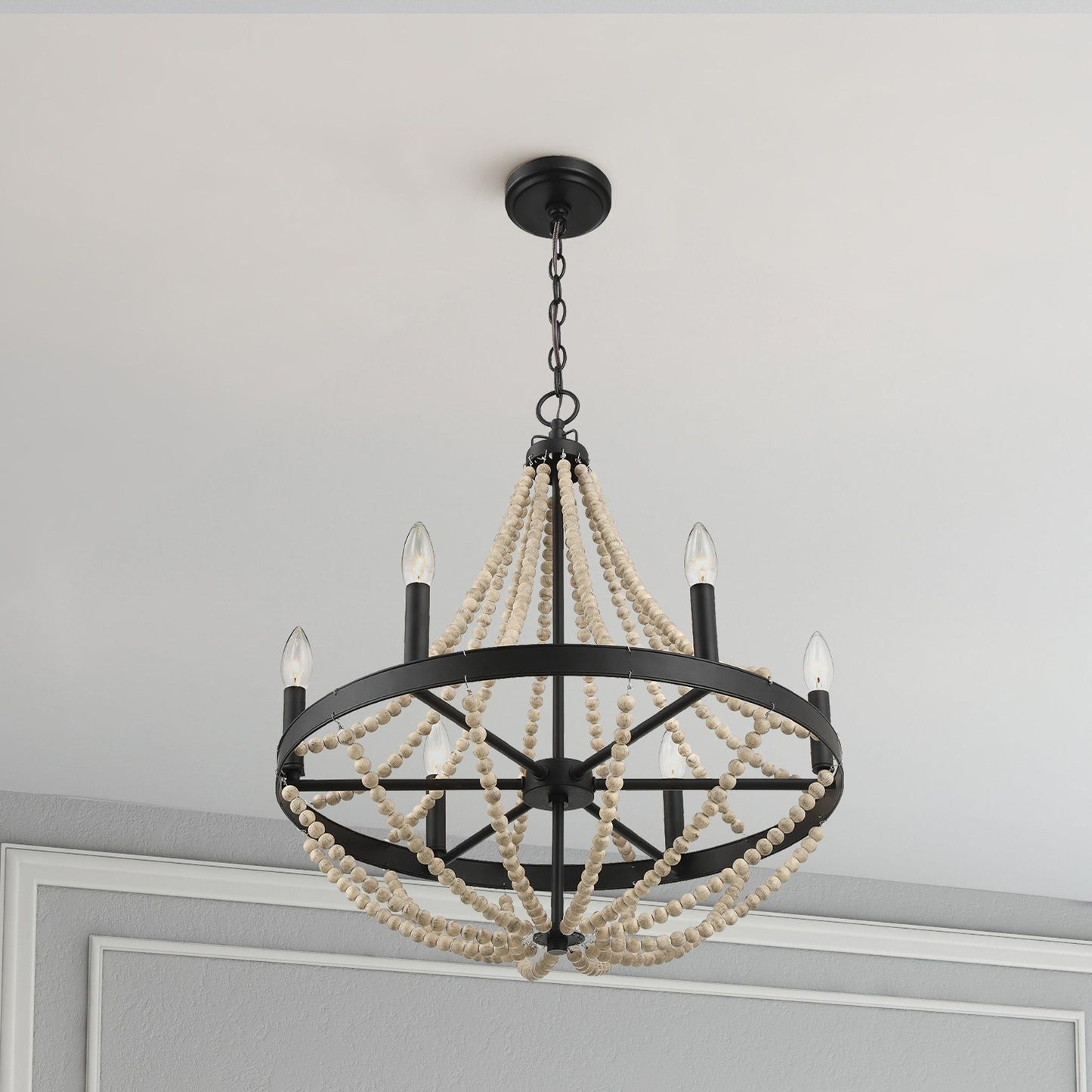 Starry - Chandelier 6 Candle Light Wood Beaded Pendant Light For Dining Room - Black / Clear