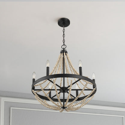 Starry - Chandelier 6 Candle Light Wood Beaded Pendant Light For Dining Room - Black / Clear