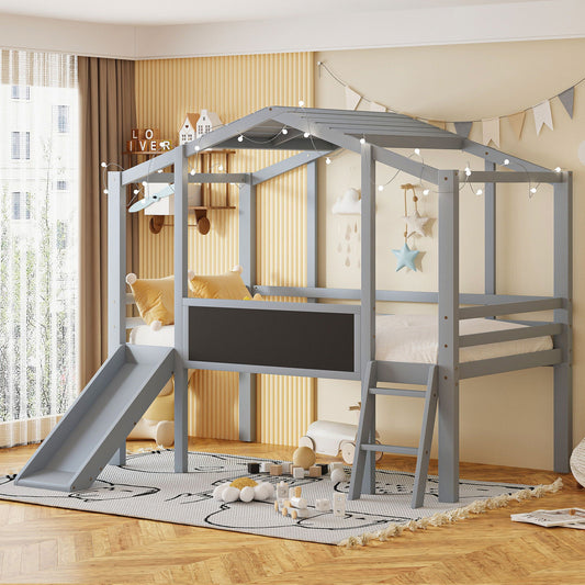 Loft House Bed With Ladder And Slide, With board And Light Strip On The Roof