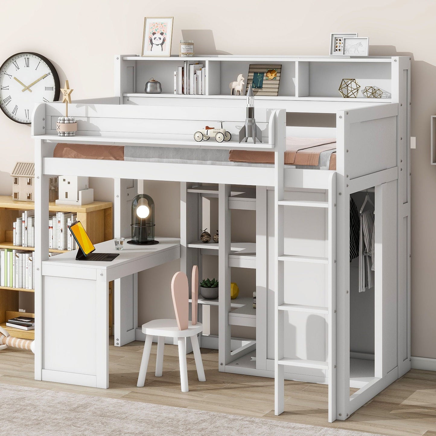 Loft Bed With Built In Desk, Storage Shelves, And Wardrobe
