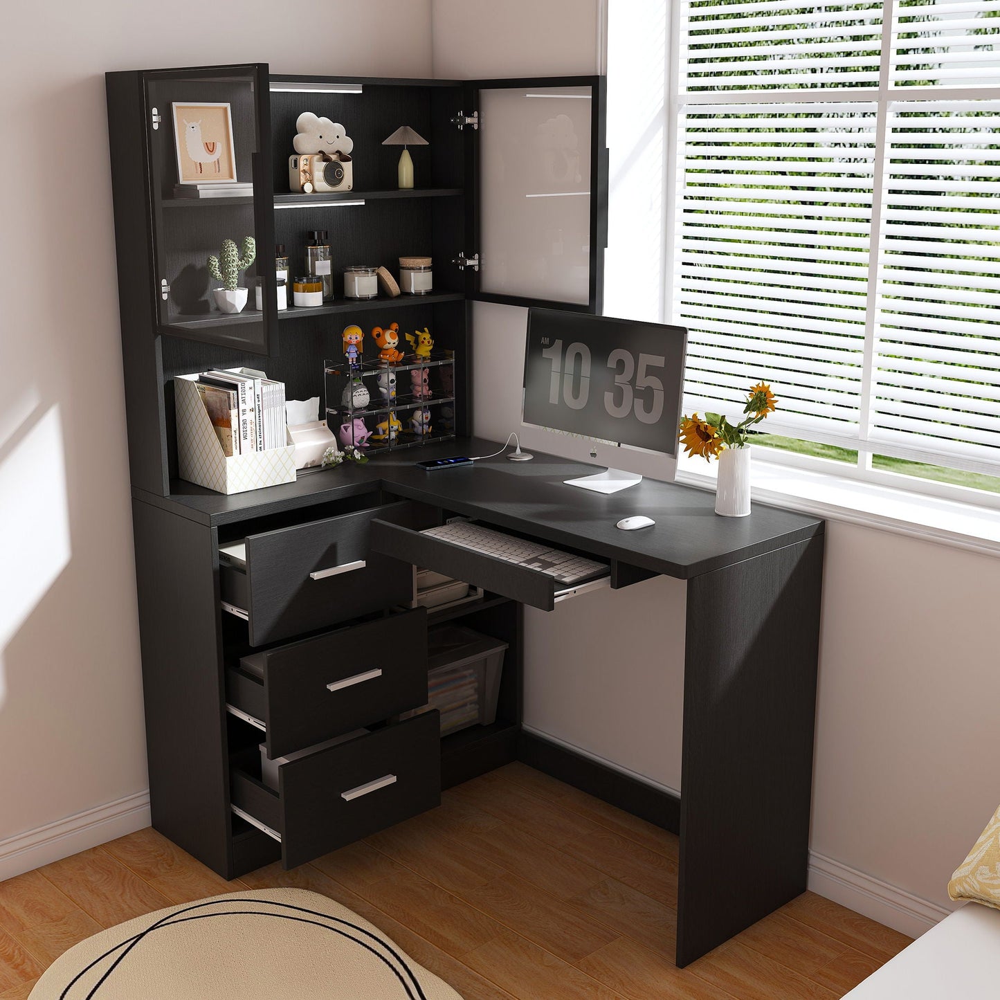 L-Shaped Computer Desk With Glass Cabinets, Built In LED Lights, USB Charging Ports