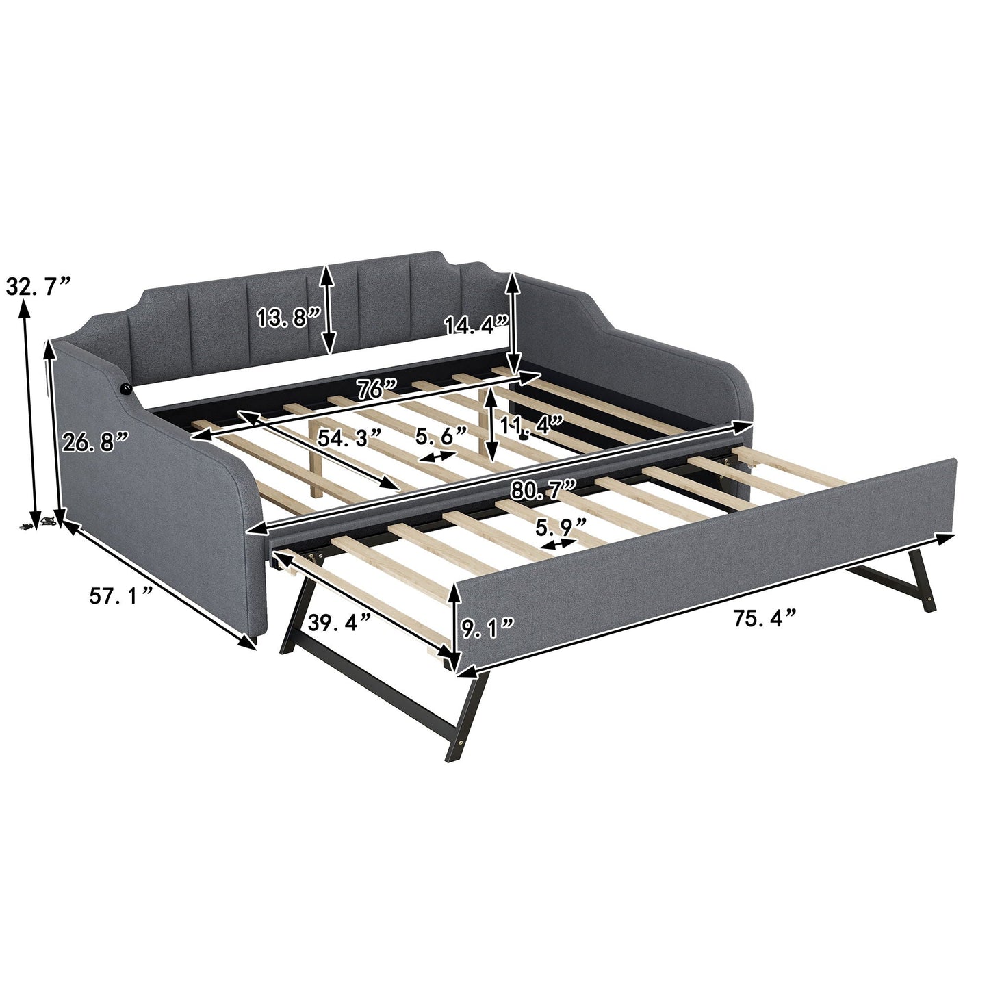 Full Size Upholstered Daybed With Trundle And USB Charging - Gray