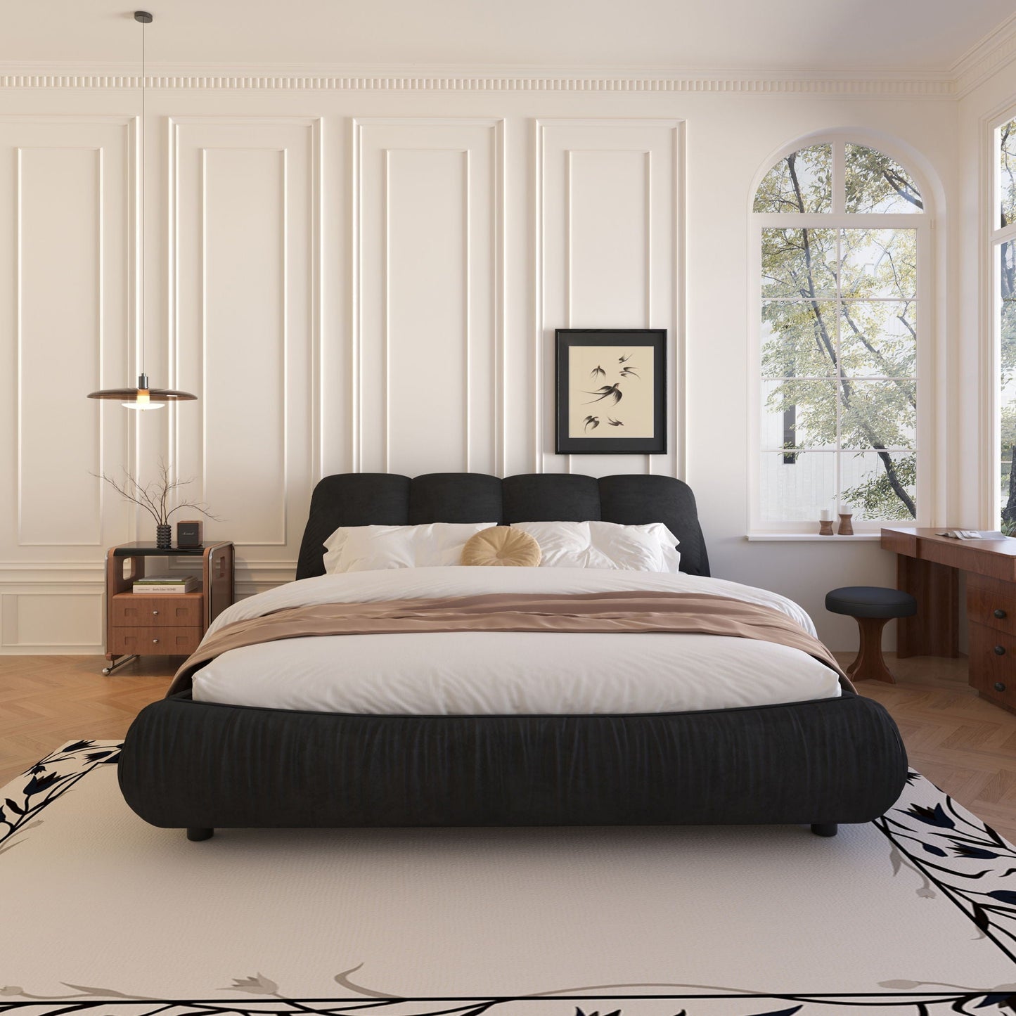 Luxury Upholstered Platform Bed With Oversized Padded Backrest And Solid Wood Frame