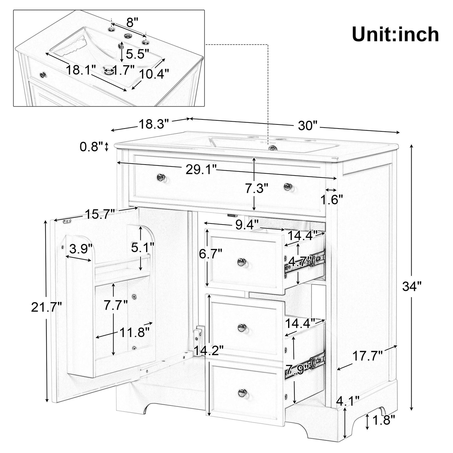 Bathroom Vanity With Sink Top, Cabinet With Door And 2 Drawers - White