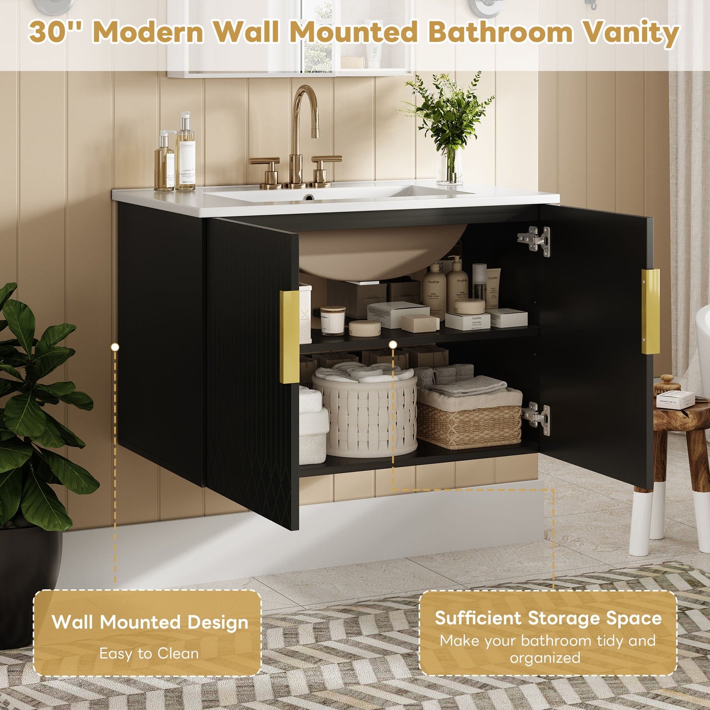 Bathroom Vanity With Sink, Rectangular Storage Cabinet With 2 Soft Closing Doors