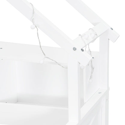 House Style Platform Bed With LED Lights, Storage Shelves, Drawers, And Guardrail