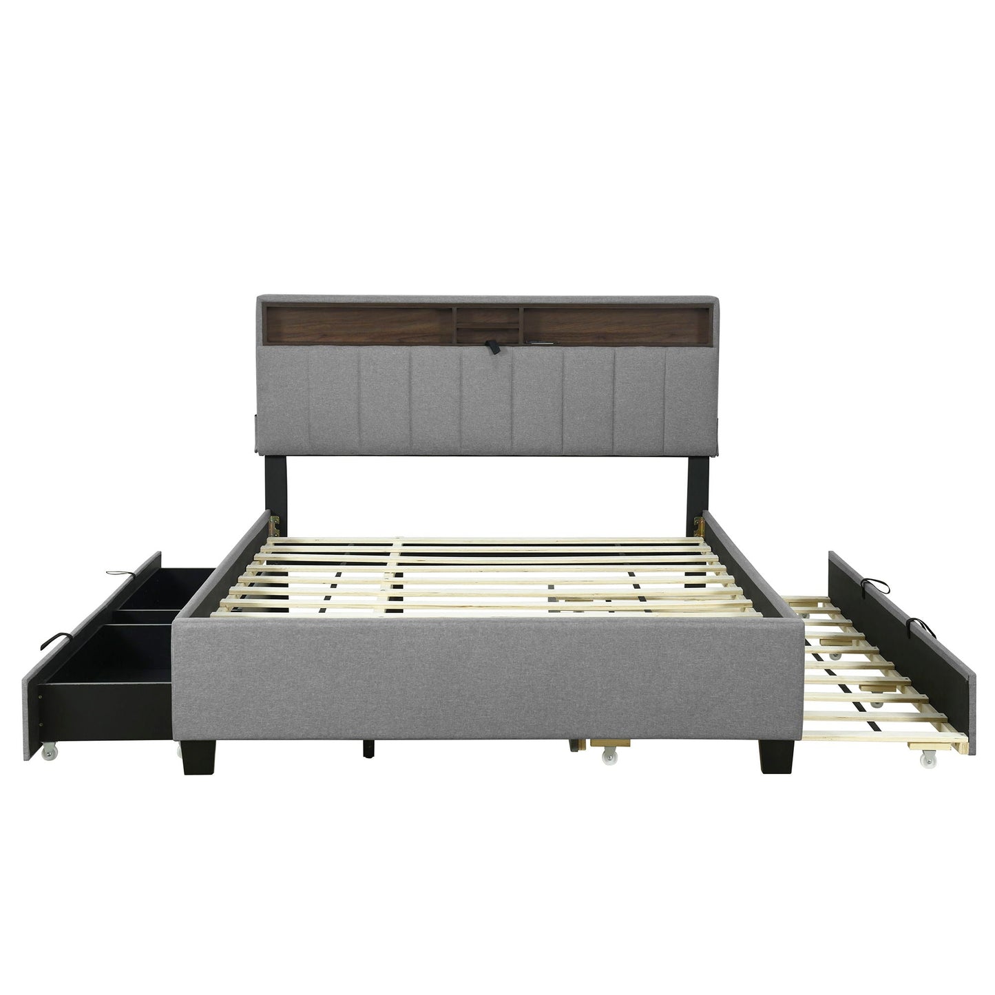 Upholstered Platform Bed With Storage Headboard, Trundle & 2 Drawers And A Set Of Sockets & USB Ports