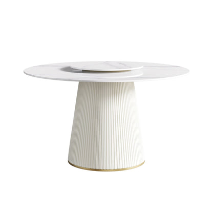 Modern Artificial Stone Round Plywood Base Dining Table, Can Accommodate 6 People, Artificial Stone Turntable (Not Including Chairs) - White / Beige
