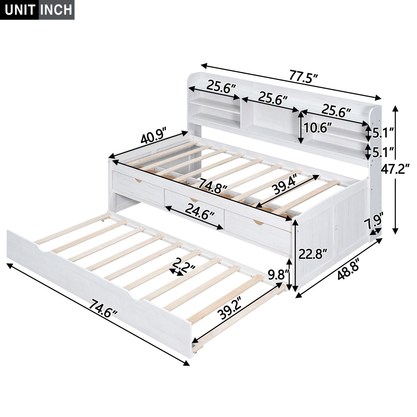 Captain Bed With Built In Bookshelves, 3 Storage Drawers, And Trundle