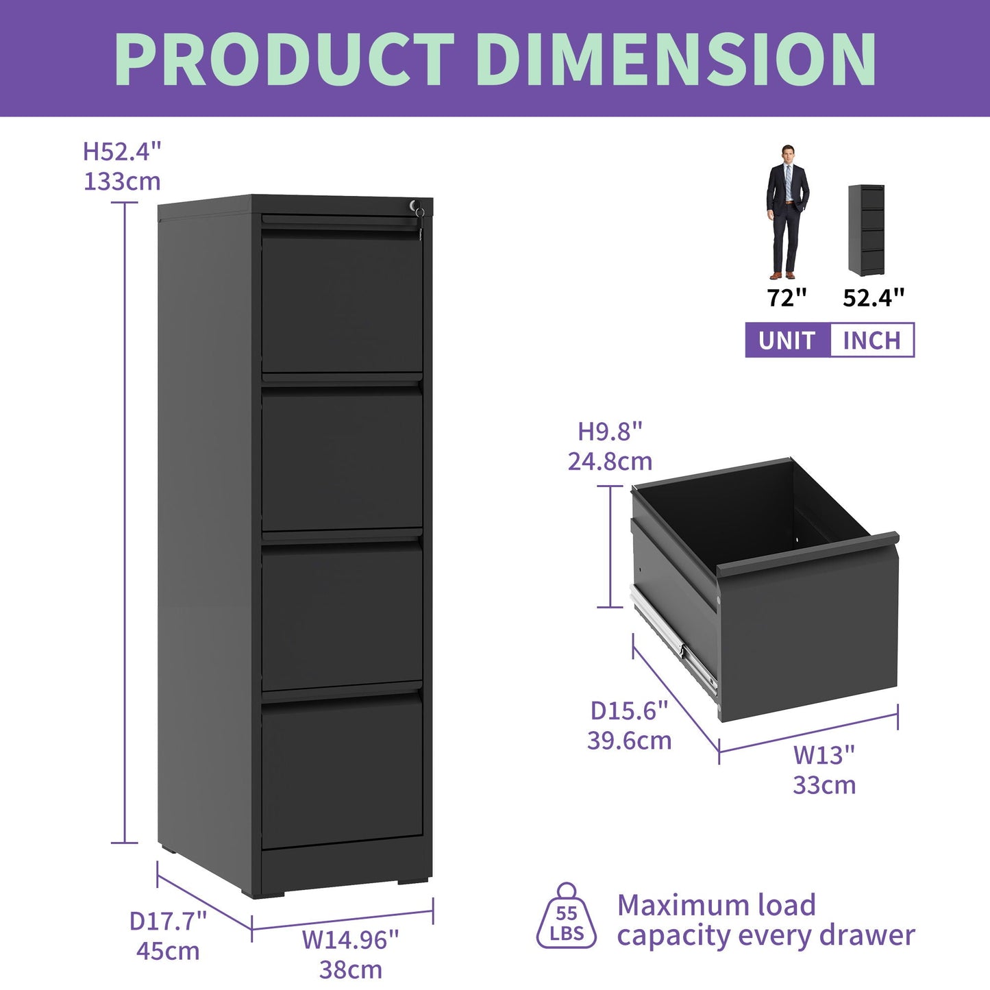 Steel Drawer Vertical File Cabinet With Lock For A4 Legal / Letter Size