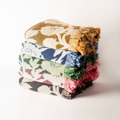 Neutral Floral Woven Throw Blanket — Reversible Cotton, Made in USA