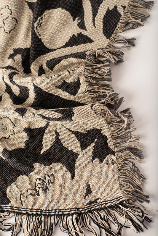 Neutral Floral Woven Throw Blanket — Reversible Cotton, Made in USA